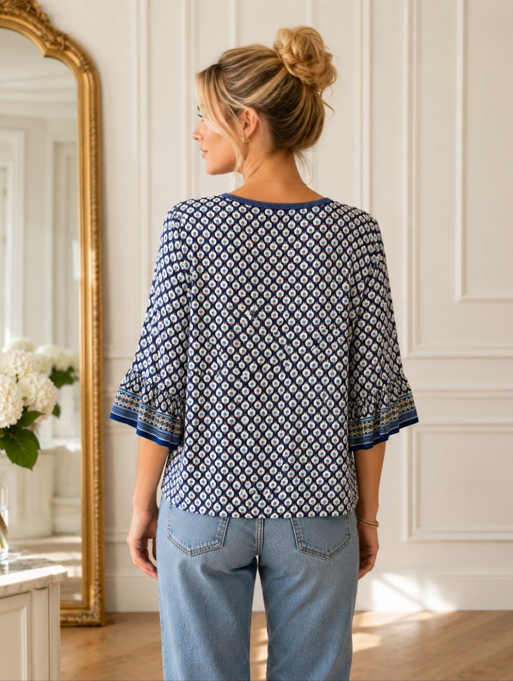 Max Studio Printed Tie Front Blouse Size XL | Blue Boho V-Neck Button Front Top - Picture 2 of 8